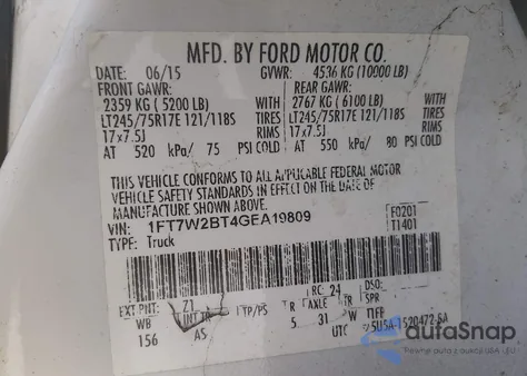 2016 Ford F-250 Xl z USA, uszkodzony, nr VIN 1FT7W2BT4GEA19809